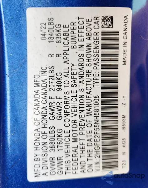 2022 Honda Civic Sport from USA, damaged, VIN 2HGFE2F55NH581008